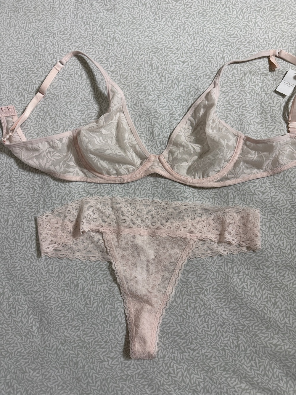 Love Sheer Floral Lace Demi Bra & Thong Set - Light Pink